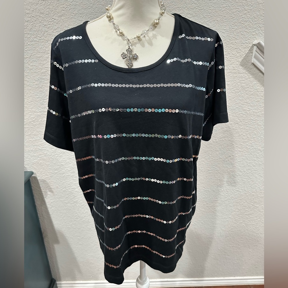 Quacker Factory Black Sequin Striped Women's Top size 1x